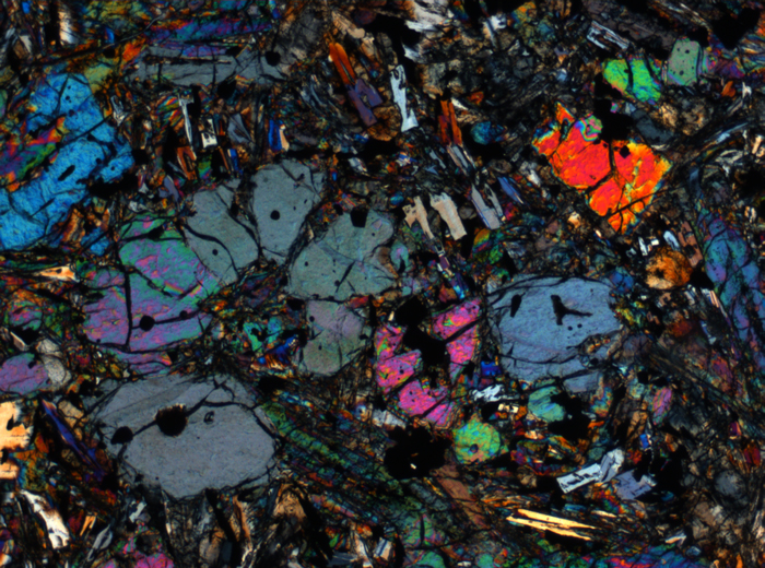 Thin Section Photograph of Apollo 12 Sample 12002,167 in Cross-Polarized Light at 2.5x Magnification and 2.85 mm Field of View (View #45)