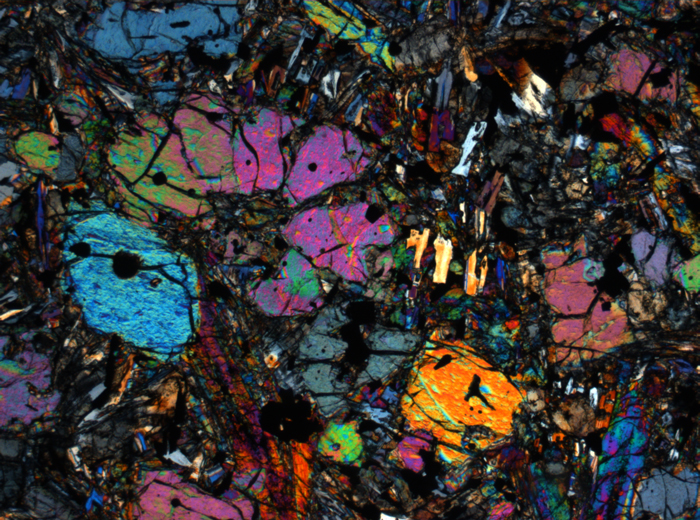 Thin Section Photograph of Apollo 12 Sample 12002,167 in Cross-Polarized Light at 2.5x Magnification and 2.85 mm Field of View (View #52)
