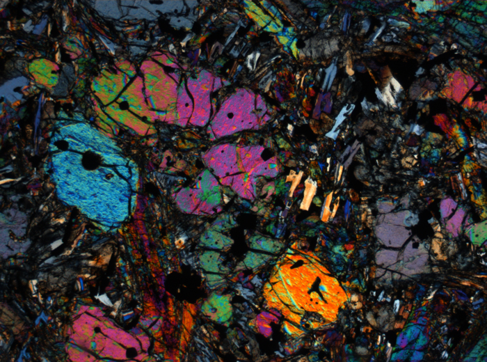 Thin Section Photograph of Apollo 12 Sample 12002,167 in Cross-Polarized Light at 2.5x Magnification and 2.85 mm Field of View (View #54)