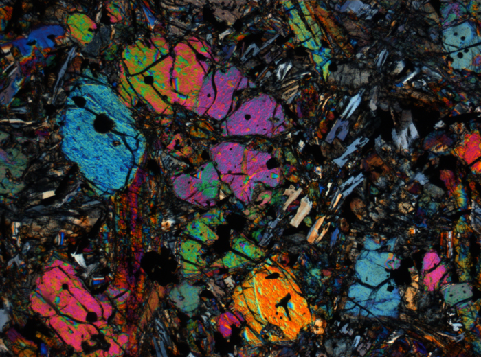 Thin Section Photograph of Apollo 12 Sample 12002,167 in Cross-Polarized Light at 2.5x Magnification and 2.85 mm Field of View (View #57)