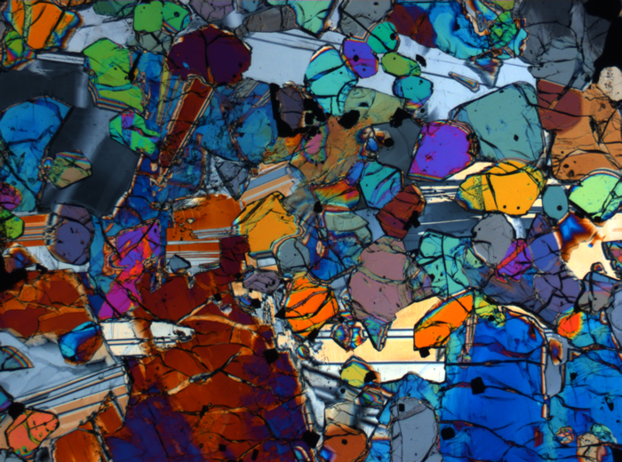 Thin Section Photograph of Apollo 12 Sample 12005,57 in Cross-Polarized Light at 2.5x Magnification and 2.85 mm Field of View (View #3)