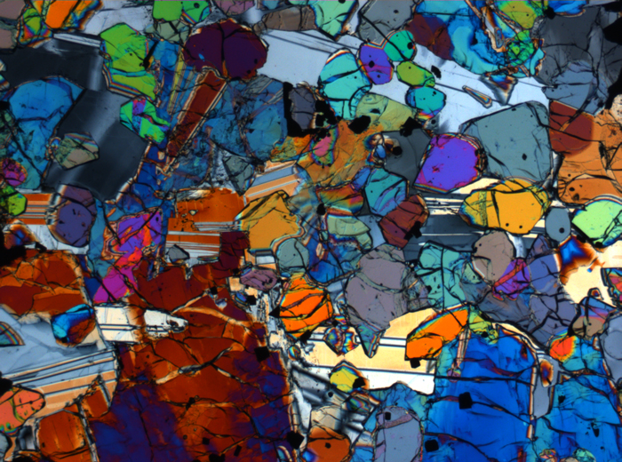 Thin Section Photograph of Apollo 12 Sample 12005,57 in Cross-Polarized Light at 2.5x Magnification and 2.85 mm Field of View (View #4)