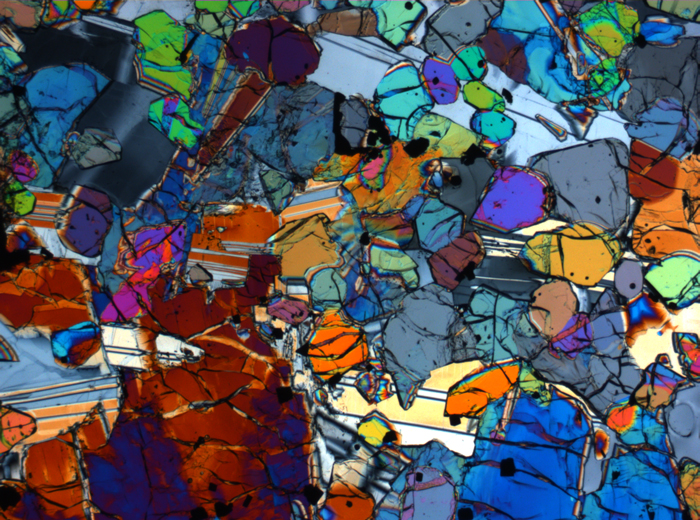 Thin Section Photograph of Apollo 12 Sample 12005,57 in Cross-Polarized Light at 2.5x Magnification and 2.85 mm Field of View (View #5)