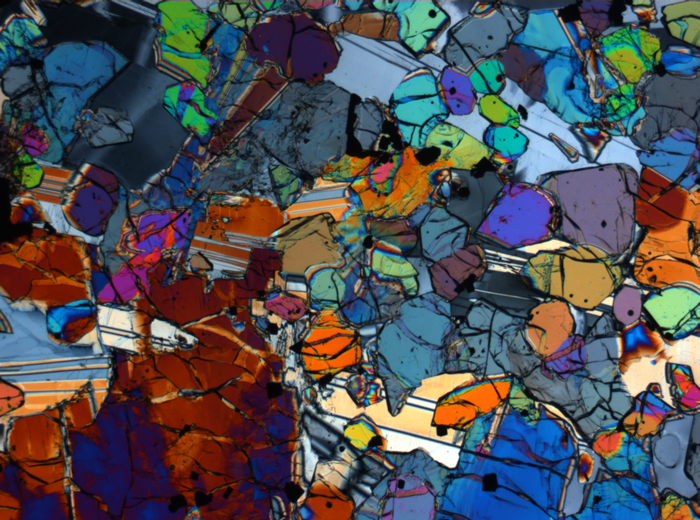 Thin Section Photograph of Apollo 12 Sample 12005,57 in Cross-Polarized Light at 2.5x Magnification and 2.85 mm Field of View (View #6)