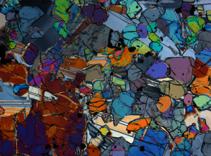 Thin Section Photograph of Apollo 12 Sample 12005,57 in Cross-Polarized Light at 2.5x Magnification and 2.85 mm Field of View (View #7)