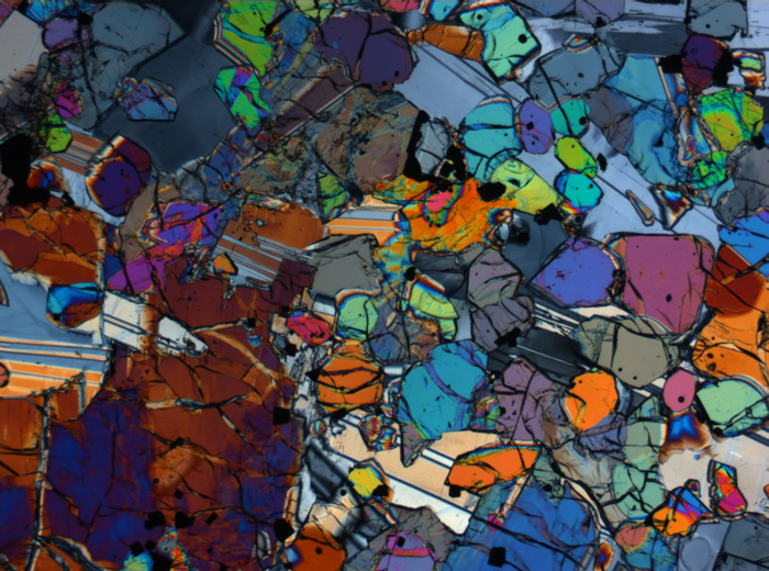 Thin Section Photograph of Apollo 12 Sample 12005,57 in Cross-Polarized Light at 2.5x Magnification and 2.85 mm Field of View (View #8)