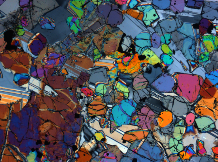 Thin Section Photograph of Apollo 12 Sample 12005,57 in Cross-Polarized Light at 2.5x Magnification and 2.85 mm Field of View (View #9)