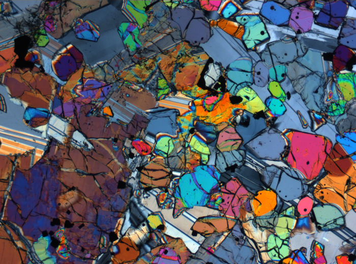 Thin Section Photograph of Apollo 12 Sample 12005,57 in Cross-Polarized Light at 2.5x Magnification and 2.85 mm Field of View (View #10)