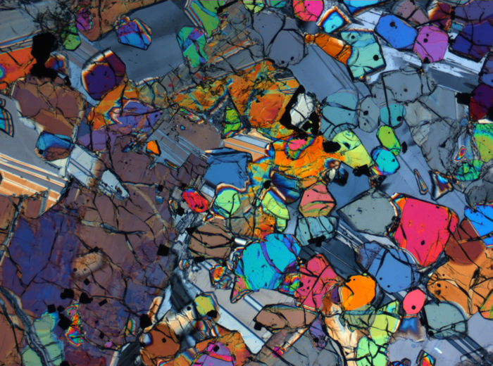 Thin Section Photograph of Apollo 12 Sample 12005,57 in Cross-Polarized Light at 2.5x Magnification and 2.85 mm Field of View (View #11)