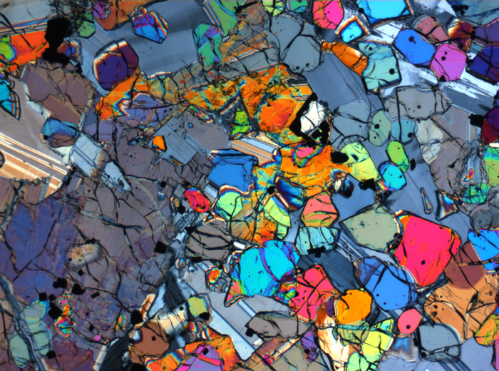 Thin Section Photograph of Apollo 12 Sample 12005,57 in Cross-Polarized Light at 2.5x Magnification and 2.85 mm Field of View (View #12)