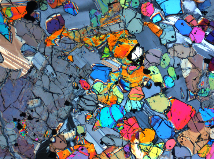 Thin Section Photograph of Apollo 12 Sample 12005,57 in Cross-Polarized Light at 2.5x Magnification and 2.85 mm Field of View (View #13)