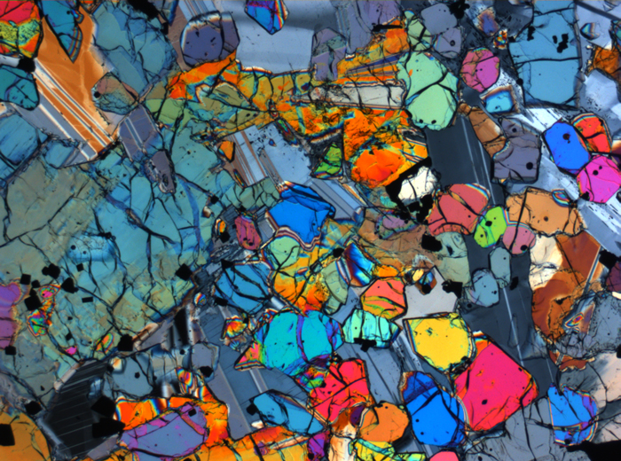 Thin Section Photograph of Apollo 12 Sample 12005,57 in Cross-Polarized Light at 2.5x Magnification and 2.85 mm Field of View (View #16)