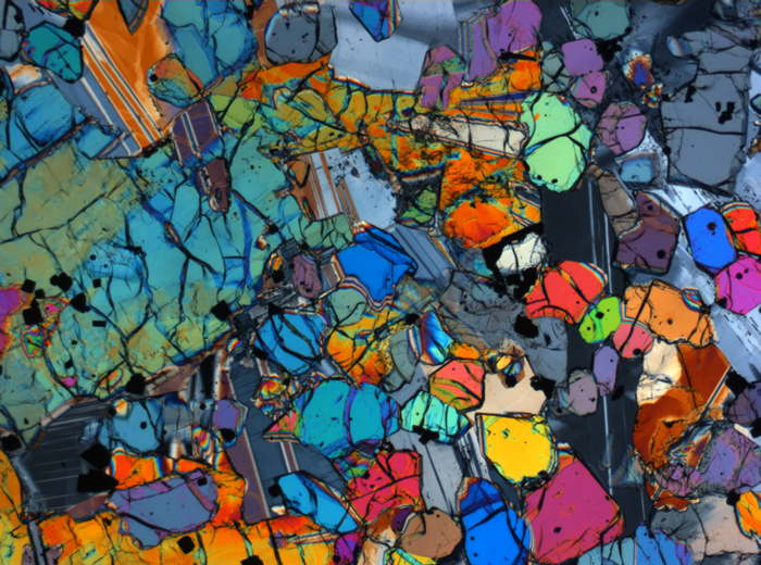 Thin Section Photograph of Apollo 12 Sample 12005,57 in Cross-Polarized Light at 2.5x Magnification and 2.85 mm Field of View (View #18)