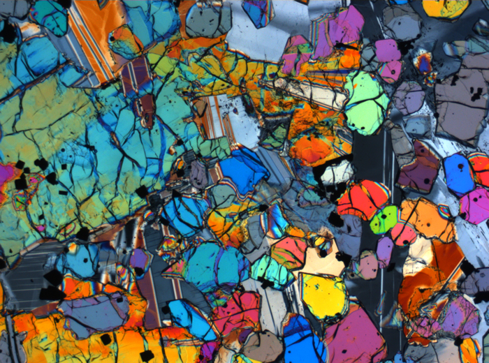 Thin Section Photograph of Apollo 12 Sample 12005,57 in Cross-Polarized Light at 2.5x Magnification and 2.85 mm Field of View (View #19)