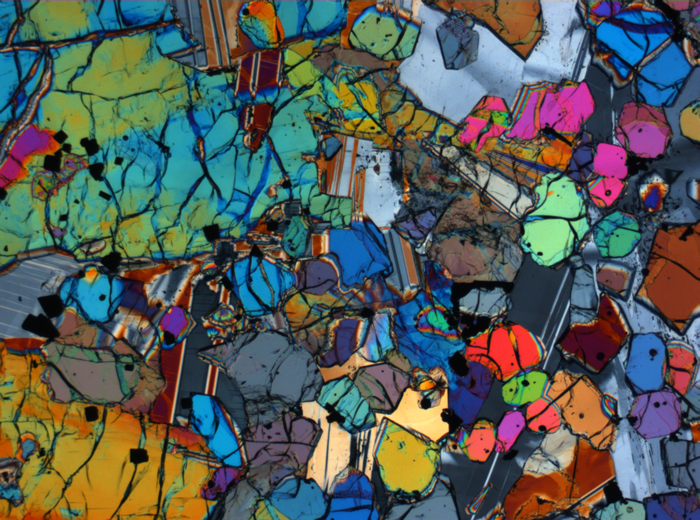 Thin Section Photograph of Apollo 12 Sample 12005,57 in Cross-Polarized Light at 2.5x Magnification and 2.85 mm Field of View (View #23)