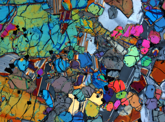 Thin Section Photograph of Apollo 12 Sample 12005,57 in Cross-Polarized Light at 2.5x Magnification and 2.85 mm Field of View (View #24)