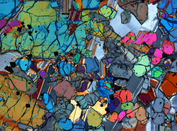 Thin Section Photograph of Apollo 12 Sample 12005,57 in Cross-Polarized Light at 2.5x Magnification and 2.85 mm Field of View (View #25)