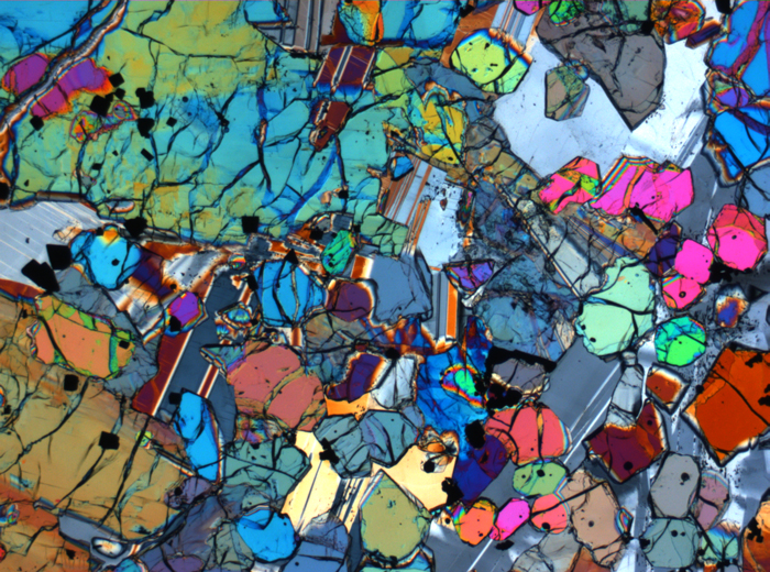 Thin Section Photograph of Apollo 12 Sample 12005,57 in Cross-Polarized Light at 2.5x Magnification and 2.85 mm Field of View (View #26)