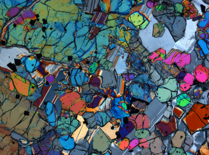 Thin Section Photograph of Apollo 12 Sample 12005,57 in Cross-Polarized Light at 2.5x Magnification and 2.85 mm Field of View (View #27)