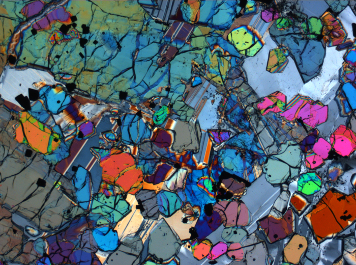 Thin Section Photograph of Apollo 12 Sample 12005,57 in Cross-Polarized Light at 2.5x Magnification and 2.85 mm Field of View (View #28)
