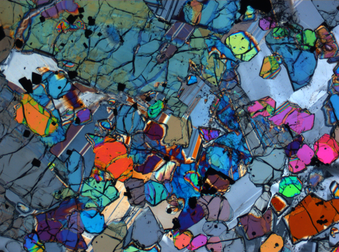 Thin Section Photograph of Apollo 12 Sample 12005,57 in Cross-Polarized Light at 2.5x Magnification and 2.85 mm Field of View (View #29)