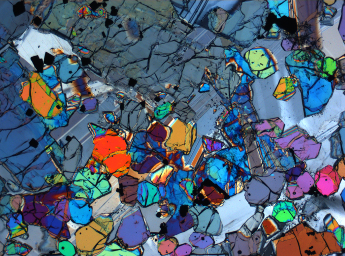 Thin Section Photograph of Apollo 12 Sample 12005,57 in Cross-Polarized Light at 2.5x Magnification and 2.85 mm Field of View (View #31)