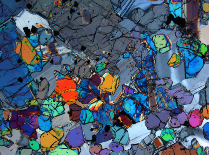 Thin Section Photograph of Apollo 12 Sample 12005,57 in Cross-Polarized Light at 2.5x Magnification and 2.85 mm Field of View (View #32)