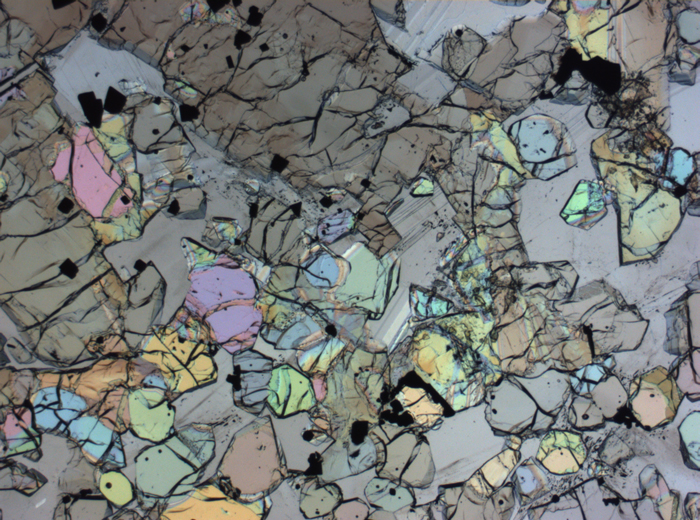 Thin Section Photograph of Apollo 12 Sample 12005,57 in Plane-Polarized Light at 2.5x Magnification and 2.85 mm Field of View (View #32)