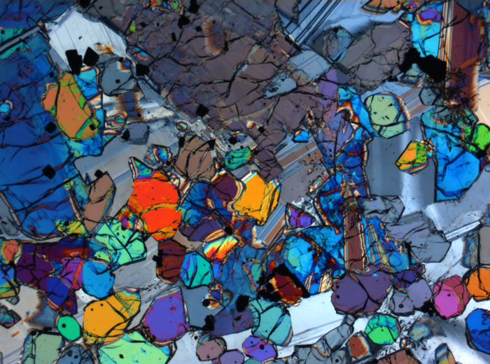 Thin Section Photograph of Apollo 12 Sample 12005,57 in Cross-Polarized Light at 2.5x Magnification and 2.85 mm Field of View (View #33)