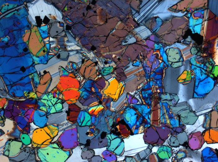 Thin Section Photograph of Apollo 12 Sample 12005,57 in Cross-Polarized Light at 2.5x Magnification and 2.85 mm Field of View (View #34)