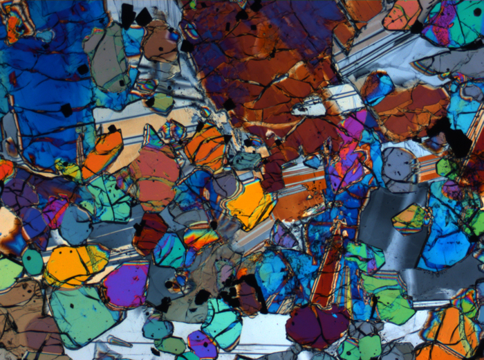 Thin Section Photograph of Apollo 12 Sample 12005,57 in Cross-Polarized Light at 2.5x Magnification and 2.85 mm Field of View (View #37)