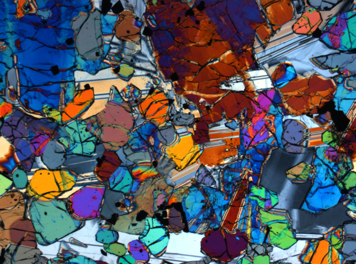 Thin Section Photograph of Apollo 12 Sample 12005,57 in Cross-Polarized Light at 2.5x Magnification and 2.85 mm Field of View (View #38)