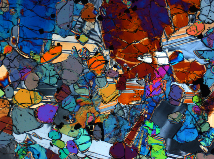 Thin Section Photograph of Apollo 12 Sample 12005,57 in Cross-Polarized Light at 2.5x Magnification and 2.85 mm Field of View (View #40)