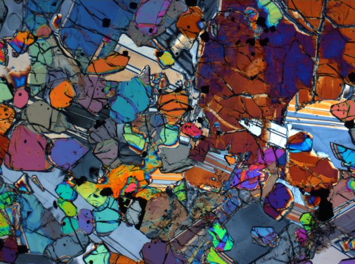 Thin Section Photograph of Apollo 12 Sample 12005,57 in Cross-Polarized Light at 2.5x Magnification and 2.85 mm Field of View (View #44)