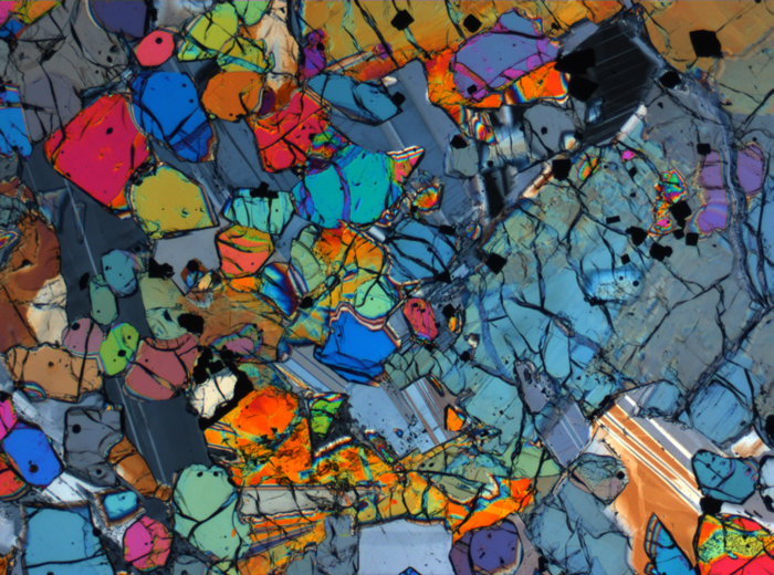 Thin Section Photograph of Apollo 12 Sample 12005,57 in Cross-Polarized Light at 2.5x Magnification and 2.85 mm Field of View (View #51)