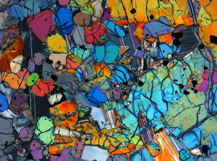 Thin Section Photograph of Apollo 12 Sample 12005,57 in Cross-Polarized Light at 2.5x Magnification and 2.85 mm Field of View (View #54)