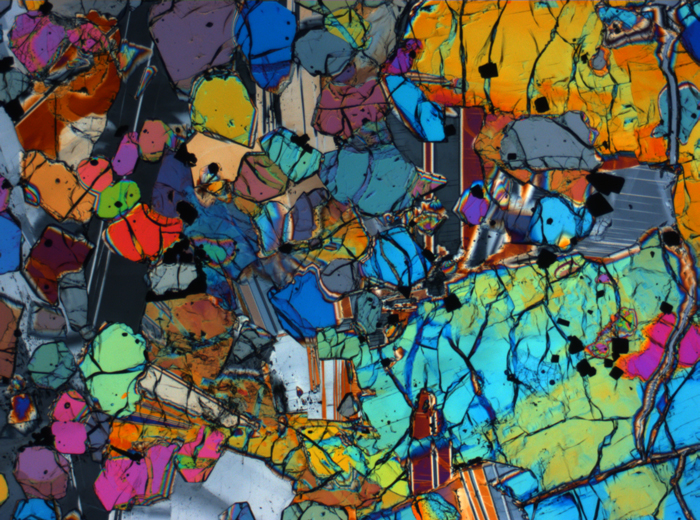 Thin Section Photograph of Apollo 12 Sample 12005,57 in Cross-Polarized Light at 2.5x Magnification and 2.85 mm Field of View (View #57)