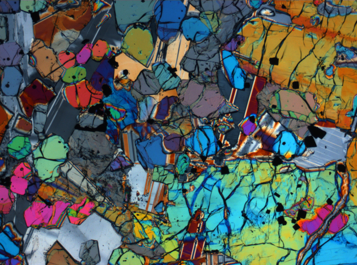 Thin Section Photograph of Apollo 12 Sample 12005,57 in Cross-Polarized Light at 2.5x Magnification and 2.85 mm Field of View (View #60)