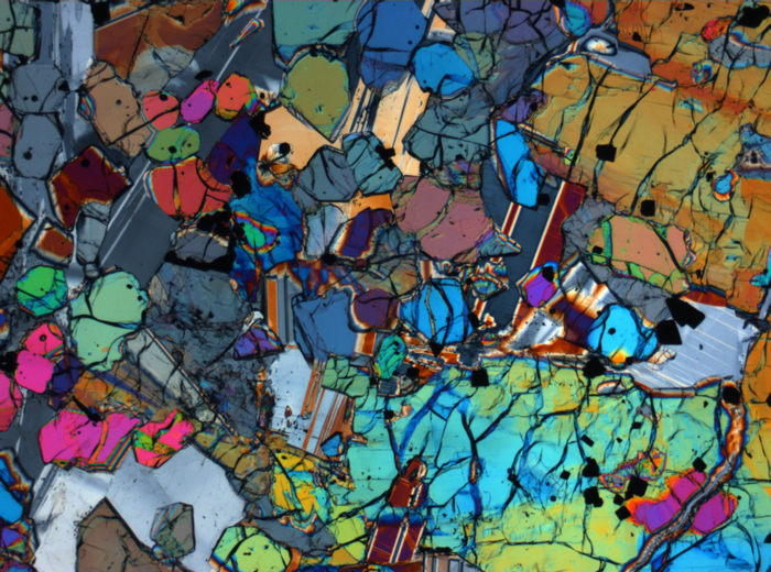Thin Section Photograph of Apollo 12 Sample 12005,57 in Cross-Polarized Light at 2.5x Magnification and 2.85 mm Field of View (View #61)