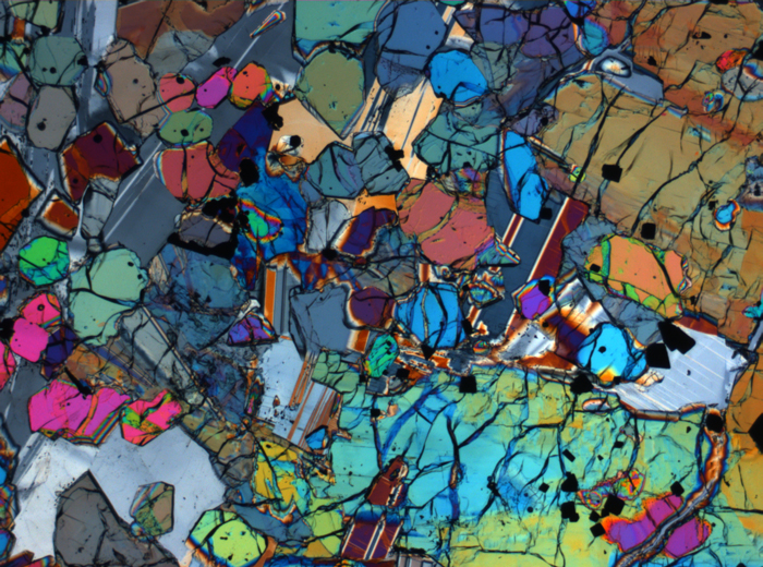 Thin Section Photograph of Apollo 12 Sample 12005,57 in Cross-Polarized Light at 2.5x Magnification and 2.85 mm Field of View (View #62)