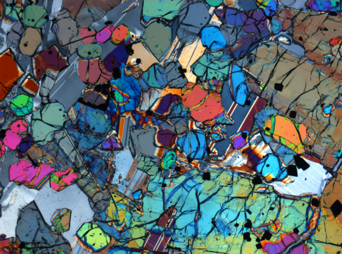 Thin Section Photograph of Apollo 12 Sample 12005,57 in Cross-Polarized Light at 2.5x Magnification and 2.85 mm Field of View (View #63)