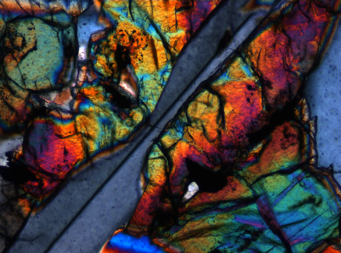 Thin Section Photograph of Apollo 12 Sample 12006,10 in Cross-Polarized Light at 10x Magnification and 0.7 mm Field of View (View #6)