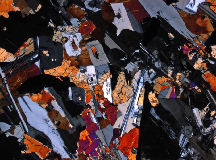 Thin Section Photograph of Apollo 12 Sample 12007,12 in Cross-Polarized Light at 2.5x Magnification and 2.85 mm Field of View (View #2)