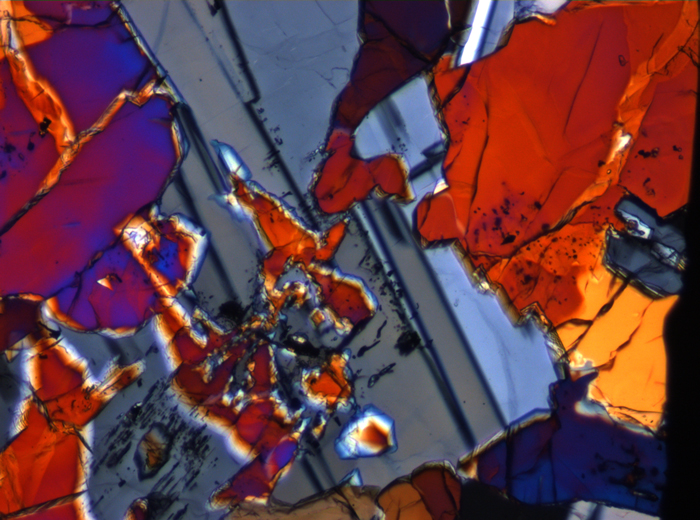 Thin Section Photograph of Apollo 12 Sample 12007,12 in Cross-Polarized Light at 10x Magnification and 0.7 mm Field of View (View #3)