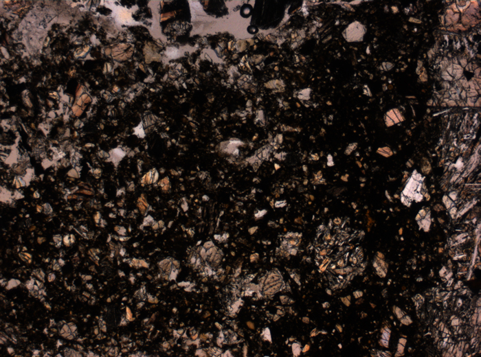 Thin Section Photograph of Apollo 12 Sample 12010,28 in Plane-Polarized Light at 2.5x Magnification and 2.85 mm Field of View (View #1)