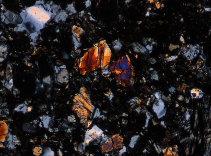Thin Section Photograph of Apollo 12 Sample 12010,28 in Cross-Polarized Light at 10x Magnification and 0.7 mm Field of View (View #4)