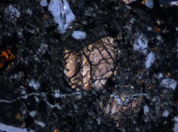 Thin Section Photograph of Apollo 12 Sample 12010,28 in Cross-Polarized Light at 10x Magnification and 0.7 mm Field of View (View #6)