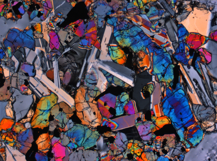 Thin Section Photograph of Apollo 12 Sample 12016,14 in Cross-Polarized Light at 2.5x Magnification and 2.85 mm Field of View (View #1)