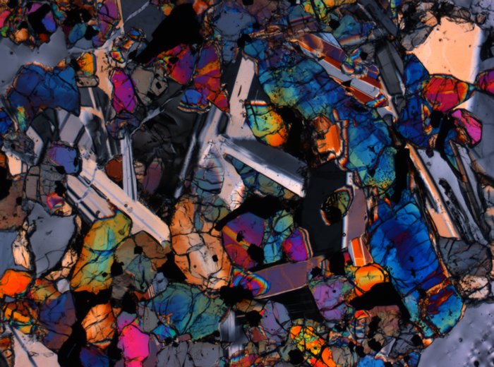 Thin Section Photograph of Apollo 12 Sample 12016,14 in Cross-Polarized Light at 2.5x Magnification and 2.85 mm Field of View (View #1)