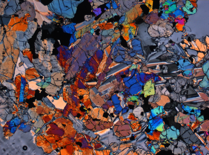 Thin Section Photograph of Apollo 12 Sample 12016,14 in Cross-Polarized Light at 2.5x Magnification and 2.85 mm Field of View (View #2)